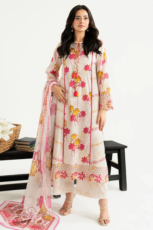 Woman wearing a floral dress with a white background