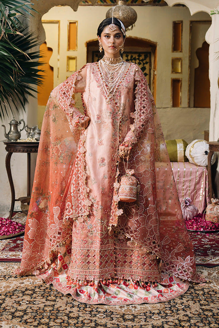 Peach pink Nikkah dress with intricate embroidery, embellished dupatta and traditional bridal detailing.