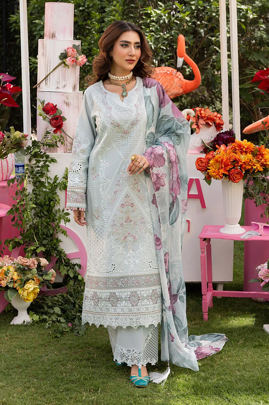 A woman wearing a traditional grey and blue embroidered inara suit with a dupatta, set against a floral backdrop.
