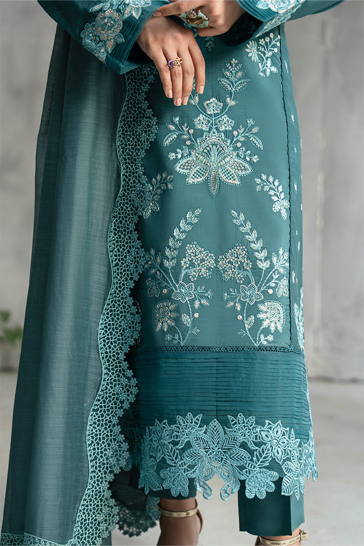 Sage green 3 piece suit by Serene, featuring premium embroidery and elegant design, ideal for formal occasions.